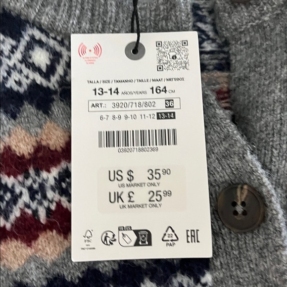 Zara girls button up argyle sweater size 13-14 - Picture 2 of 3